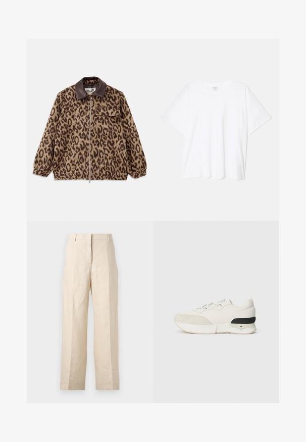 Jachetă cu imprimeu de leopard, cu guler din piele maro, închidere cu fermoar în față, mansete elastice și un buzunar pe piept. Material texturat cu un aspect moale.; Tricou alb din bumbac, cu mâneci scurte, guler rotund, croi lejer și tiv cusut. Eticheta este vizibilă pe interiorul gulerului.; Pantaloni din in bej cu croială lejeră, cu față pliată și picioare drepte. Prezintă un brâu cu bucle pentru curea și fără buzunare vizibile.; Adidași albi cu vârf din suede texturat, parte superioară din plasă netedă, șireturi decorative și un accent din cauciuc negru la toc.