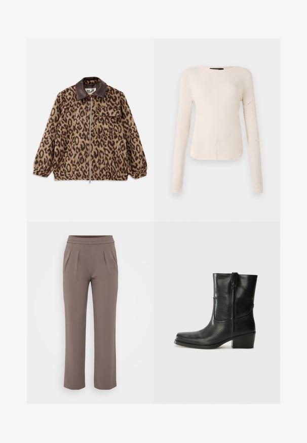 Luipaardprint jack met een bruine leren kraag, voorzijde met ritssluiting, elastische manchetten en een borstzak. Textiele stof met een zachte uitstraling.; Langsleeve, lichtbeige top met een ronde halslijn. Gemaakt van zachte stof, heeft een centrale naad en een iets gebogen rand. Geen zichtbare hardware.; Taupe losvallende broek met elastische tailleband en voorplooien, gemaakt van zachte stof.; Zwarte leren enkellaars met een ronde neus, blokhak, zijrits en stikselaccenten op de wreef. Gladde textuur, klassiek ontwerp.