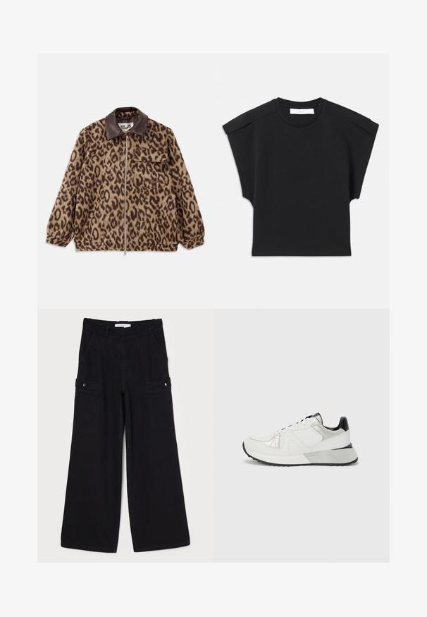 Leopardi-kuosiset takki, jossa on ruskea nahkakaulus, etuvetoketju, joustavat hihansuut ja rintatasku. Raskaasti teksturoitu kangas, jolla on pehmeä ulkonäkö.; Mustapaitainen lyhythihainen paita pyöreällä pääntiellä ja olkainyksityiskohdilla, asetettuna vaakasuoraan valkoiselle taustalle.; Mustat leveät cargo-housut, jotka on valmistettu pehmeästä kankaasta, etutaskuilla, sivu cargo-taskuilla ja suurilla vyölenkeillä. Pinta on teksturoitu.; Valkoinen urheilukenkä, jossa on verkkopaneeleja ja nahkaosia, hopeisia yksityiskohtia, teksturoitu muotoilu, musta kantapääkapistus ja kumipohja. Sivunäkymä.