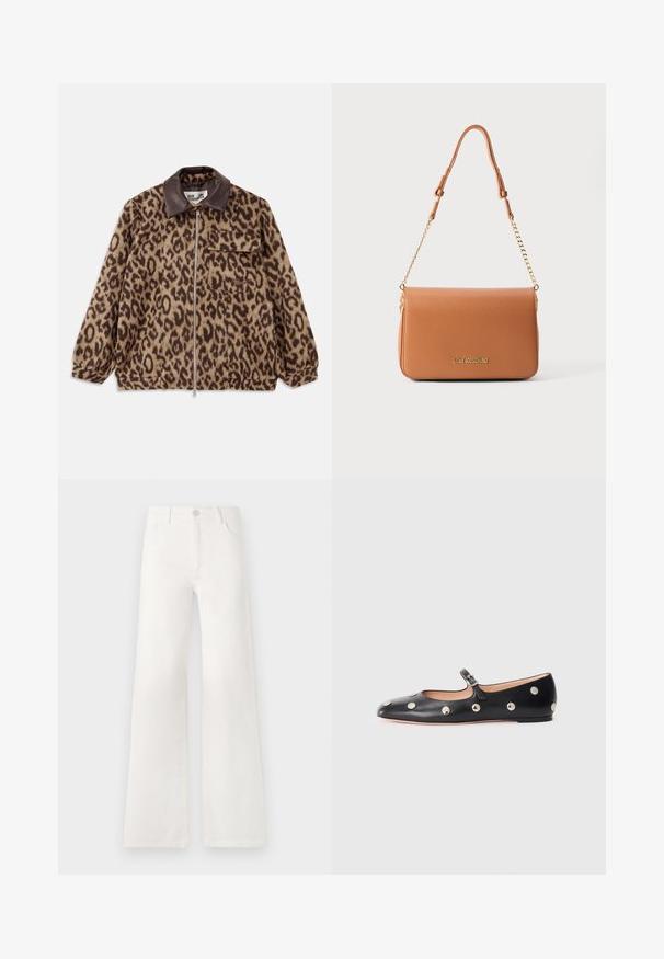 Leopard print jacket with a brown leather collar, front zipper closure, elastic cuffs, and a chest pocket. Textured fabric with a soft appearance.; Light pink tank top made of soft, stretchy fabric. Features a round neckline and narrow shoulder straps, with a smooth texture and fitted shape.; White, high-waisted wide-leg jeans made of denim. Features a button closure, two front pockets, and side seams with stitching details.; Black leather Mary Jane flat shoe with a rounded toe, featuring silver circular studs and an adjustable strap with a buckle.; Brown synthetic leather shoulder bag with a smooth texture, gold-tone chain strap, and embossed logo on the front. Rectangular shape.