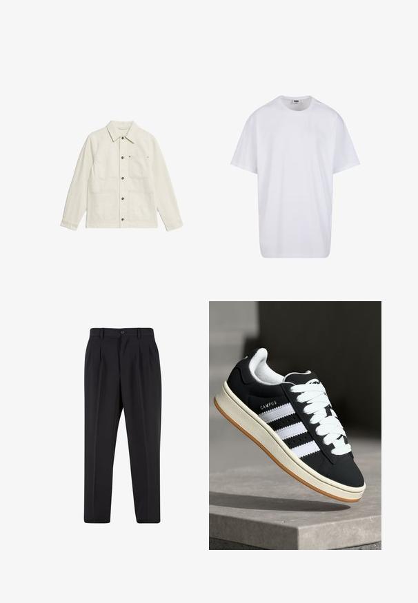 Witte utility jack gemaakt van textuurstof. Beschikt over een kraag, knoopsluiting en vier voorzakken met contrasterend beslag.; Witte katoenen t-shirt met korte mouwen, ronde hals, relaxte pasvorm en zonder zichtbare logo's of patronen. Gladde textuur en minimalistisch ontwerp.; Zwarte broek met een geplooid design aan de voorkant, gemaakt van soepel stof. Voorzien van een knoopsluiting en riemlussen; rechte pasvorm.; Zwarte sneaker met witte strepen, vetersluiting, gestructureerd bovenwerk en rubberen zool. Heeft het "CAMPUS"-logo aan de zijkant en een gum loopzool.