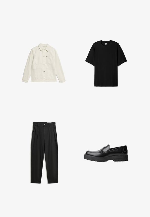 Veste utilitaire blanche en tissu texturé. Présente un col, une fermeture à boutons et quatre poches avant avec un matériel contrastant.; T-shirt noir à manches courtes côtelé avec un col rond, présentant une coupe décontractée et une surface texturée. Design simple ; sans graphiques ni accents.; Pantalon en coton noir avec une coupe décontractée, dotés d'une taille classique, de plis à l'avant et de poches latérales. Texture lisse sans motifs.; Mocassin en cuir noir avec semelle épaisse à motifs et une sangle décorative sur le dessus, présenté en profil sur le côté gauche sur fond blanc.