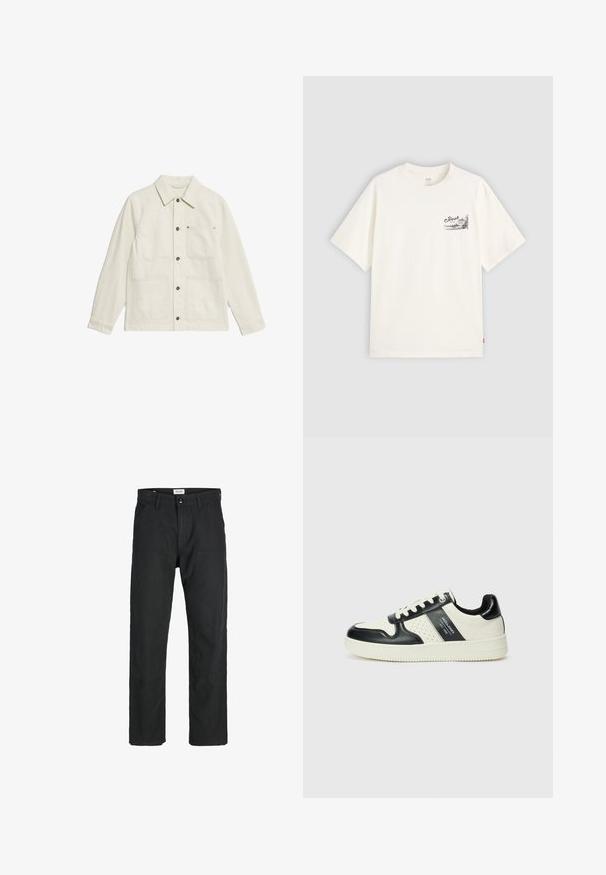 Chaqueta de utilidad blanca hecha de tela texturizada. Presenta un cuello con solapa, cierre de botones y cuatro bolsillos delanteros con herrajes en contraste.; Camiseta blanca de manga corta hecha de algodón, con un diseño gráfico negro en la zona del pecho izquierdo que dice "Fresh."; Pantalones negros de tela duradera, con un diseño de pierna recta, detalles cosidos y dos bolsillos frontales para mayor funcionalidad.; Zapatillas de cuero con un esquema de colores negro y crema, que cuentan con acentos perforados, un collar acolchado y una suela texturizada.