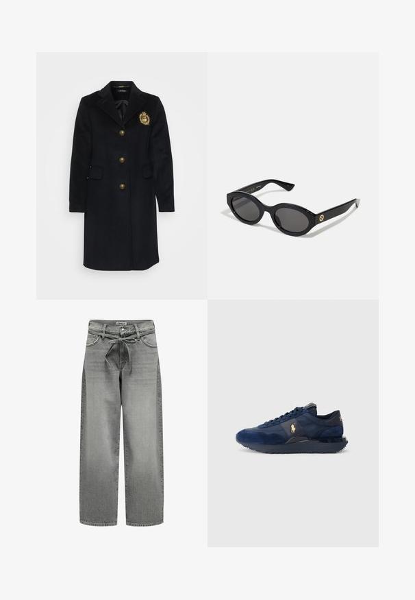 Must mustruum, millel on kohandatud disain, lõikekaelused, kuldsed nupud, eesmine taskud ja rinnal tikandembleem.; Hall grey turtleneck särk, mis on valmistatud pehmest kudumist, ribatud varruka- ja alumise servaga. Omab lõdva istuvust ja struktureeritud kaelust.; Valge nööpidega särk, mis on valmistatud siledast puuvillast, klassikalise kraega, sirge ääre ja beežide nööpidega esiosas.; Laiad hallid teksad, millel on kinnitusnööp ja esikotid. Kangas on veidi tekstureeritud ja hallitusseened.; Tumed sinised sportijalatsid, mis on valmistatud samet- ja võrgumaterjalidest, millel on kummist talla, paeltega kinnitussüsteem ja kuldse logo aktsent.; Mustad mustad prillid tumedate läätsedega ja läikiva plastraamiga. Omab kuldset logo põlveosal, pakkudes stiilset ja kaasaegset disaini.; Mustast kangast valmistatud kott, millel on silmapaistev ümmargune reljeefne logo. Sile tekstuur koos kontrastsete nahkdetailidega.