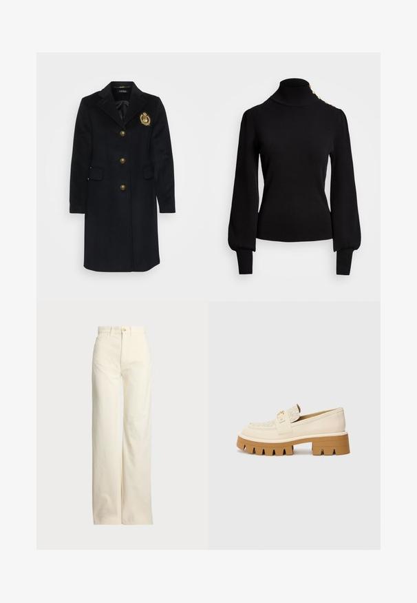 Casaco de lã preto com um design ajustado, lapelas em bico, botões dourados, bolsos frontais e um emblema bordado no peito.; Sweater preto de gola alta com textura canelada, mangas bufantes, corpo ajustado e detalhes em botões dourados nos ombros.; Polo Ralph Lauren COTTON CORDUROY WIDE-LEG PANT - Calças - warm white; Sapatilhas bez em camurça com uma tira texturizada em creme, apresentando uma sola castanha robusta com padrões semelhantes a dentes. Detalhe em dourado na fivela.