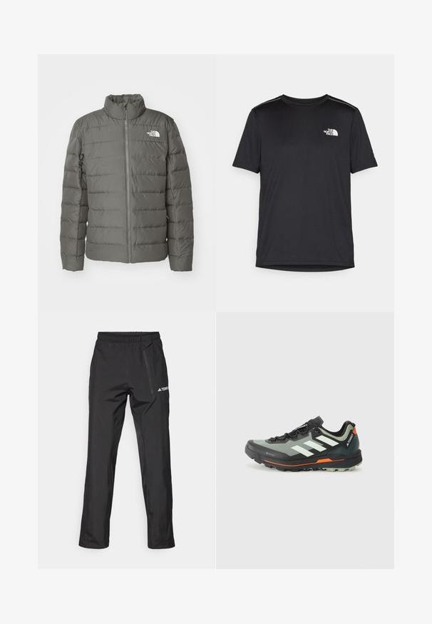 Gray puffer jacket with a high collar, horizontal quilted sections, front zipper, and a logo in the upper left corner.; Black short-sleeve T-shirt made from lightweight fabric. Features a small white logo on the left chest and subtle shoulder accents.; Black waterproof trousers made of lightweight fabric, featuring an elastic waistband and side zipper pocket. Simple, tailored design.; Lightweight trail running shoe with a gray and black mesh upper, orange accents, and a rugged outsole for traction. Waterproof Gore-Tex lining.