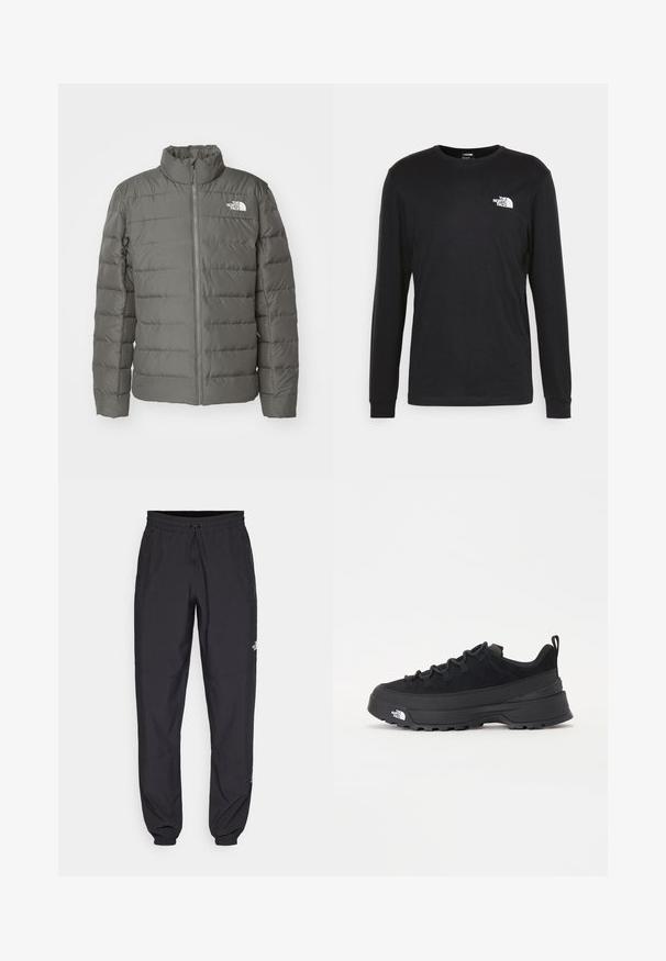 Jachetă puffer gri cu guler înalt, secțiuni orizontale quilted, fermoar frontal și un logo în colțul din stânga sus.; Tricou negru cu mânecă lungă din bumbac, având un logo alb pe partea stângă a pieptului și mansete cu țesătură fină. Textură netedă cu decolteu rotund.; Pantaloni atletici negri, confecționați dintr-un material ușor, cu un tiv elastic la talie, buzunare laterale și tivuri ajustate la gleznă.; Tenisi de exterior negri cu superior din daim, talpă din cauciuc texturat și sistem de șireturi solid. Prezintă un călcâi întărit și un logo al mărcii pe lateral.