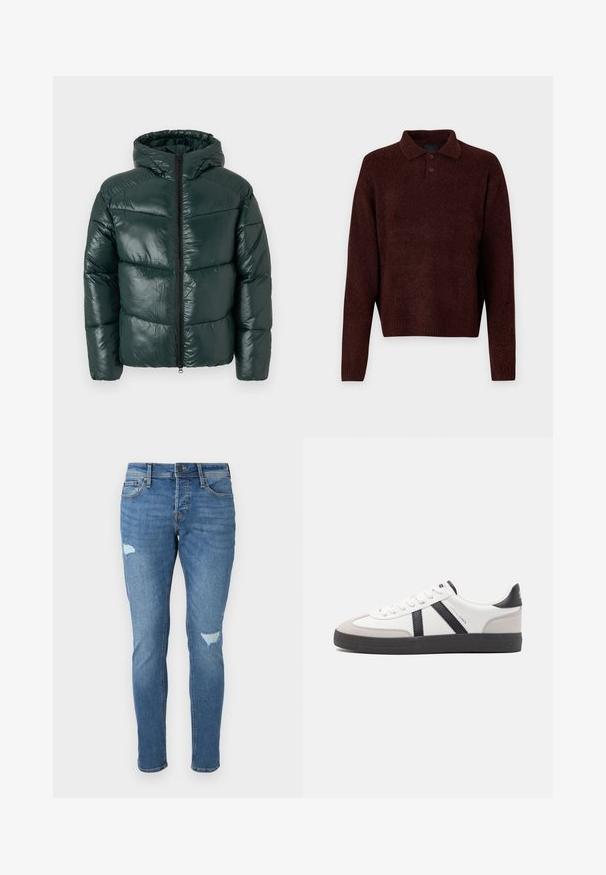 Chaqueta de plumas verde oscuro con acabado brillante, capucha y cremallera de longitud completa. Diseño acolchado con costuras marcadas y un corte relajado.; Pulóver marrón de punto con cuello polo, tres botones en el cuello y mangas largas. Textura suave, puños y dobladillo acanalados.; Jeans de mezclilla azul deslavado con corte Slim, que presentan zonas desgastadas en las rodillas, cierre de botón y diseño de cinco bolsillos.; Zapatilla blanca con acentos en negro y gris, que presenta una puntera texturizada en gris, suela de goma negra y cordones planos blancos. Diseño limpio, estilo minimalista.
