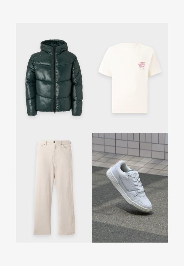 Chaqueta de plumas verde oscuro con acabado brillante, capucha y cremallera de longitud completa. Diseño acolchado con costuras marcadas y un corte relajado.; Camiseta blanca de manga corta con el texto rojo "Edición de Studio Originals" en el lado izquierdo del pecho, exhibida sobre un fondo gris neutro.; Pantalones de pana beige con corte recto, con textura acanalada, diseño de cinco bolsillos y cierre de botón.; Zapatilla blanca de cuero con lados perforados, acentos texturizados, cordones planos y un talón gris en contraste. Presenta una suela ligeramente elevada.