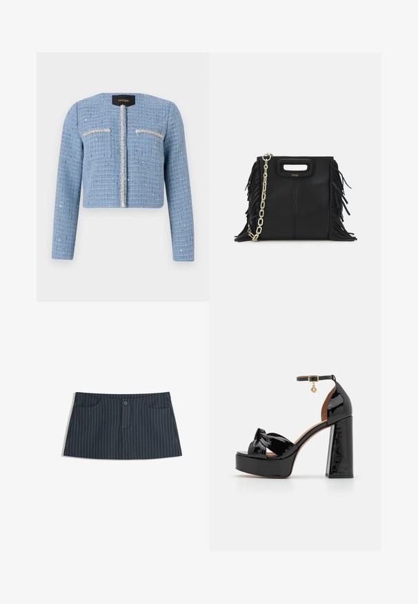 Rövidített kék tweed zakó hosszú ujjakkal, elől cipzárral záródik, két mellzseb található rajta, és díszítés fut a nyílás és a zsebek mentén.; Fekete blúz fodros V-nyakkal, háromnegyedes ujjakkal és redőzött részletekkel a vállakon, sima, könnyű anyagból készült.; Tengerészkék csíkos mini szoknya elülső zsebekkel és egyetlen gombos záródással a deréknál.; Maje Magas sarkú szandálok - noir; Fekete bőr kézitáska, frufrus részletekkel, arany láncos vállpánttal és kivágott fogantyúval. Az elülső részen logó található.