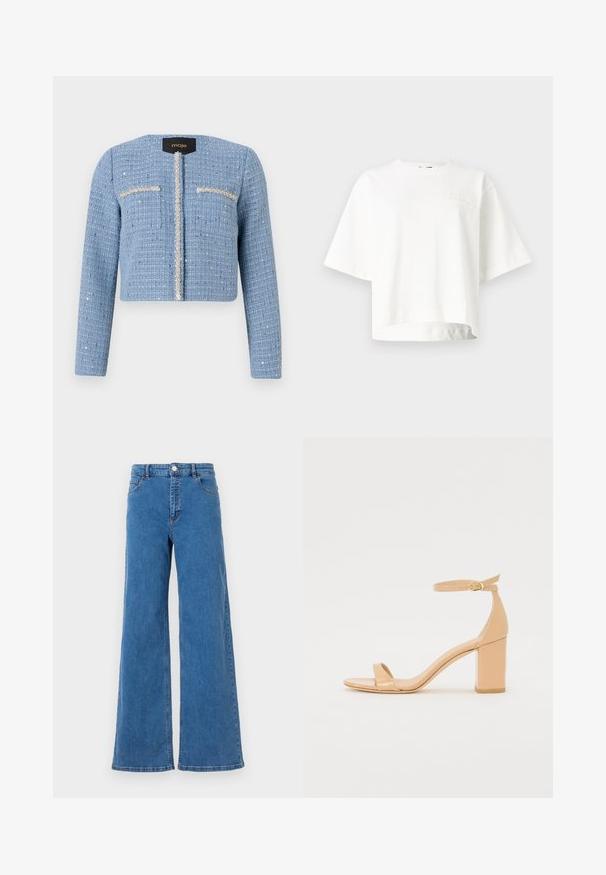 Jachetă din tweed albastru, scurtă, cu mâneci lungi, închidere cu fermoar în față, două buzunare la piept și detalii decorative de-a lungul deschiderii și buzunarelor.; Tricou alb scurt cu mâneci, dintr-un material moale, având un logo discret embosat în zona stângă a pieptului.; Blugi cu croi larg, din denim albastru, cu talie înaltă, buzunare frontale și închidere cu nasture. Materialul are o textură netedă și un model de cusătură clasic.; Sandale cu toc din piele patent nud, cu vârf pătrat, curea pentru glezna și toc masiv. Textură netedă și detalii de design minimale.