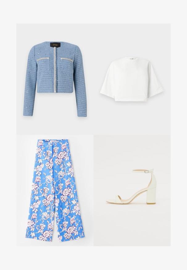 Beskarvet blå tweedjakke med lange ærmer, lynlåslukning foran, to brystlommer og udsmykket detaljer langs åbningen og lommerne.; Hvid cropped t-shirt med afslappet pasform, korte brede ærmer, rund halsudskæring og sideslidser, lavet af blødt bomuldsstof.; Blå blomsterbukser med et pastelfarvet rosemønster. Stofret er glat med en afslappet pasform, brede ben og en elastisk talje.; Hvide læder sandaler med blokhæl, der har en ankelrem med spænde og minimalistisk design. Åben tå og glatte teksturer hele vejen igennem.