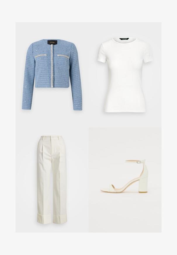 Beskarvet blå tweedjakke med lange ærmer, lynlåslukning foran, to brystlommer og udsmykket detaljer langs åbningen og lommerne.; Hvid bomulds T-shirt med korte ærmer, rund hals, fitted design og glat tekstur. Logo mærke ved halsudskæringen.; Hvide skræddersyede bukser med høj talje, dobbelte frontfolder og vide ben med opfoldede manchetter. Fremstillet af en glat, struktureret stof.; Hvide læder sandaler med blokhæl, der har en ankelrem med spænde og minimalistisk design. Åben tå og glatte teksturer hele vejen igennem.
