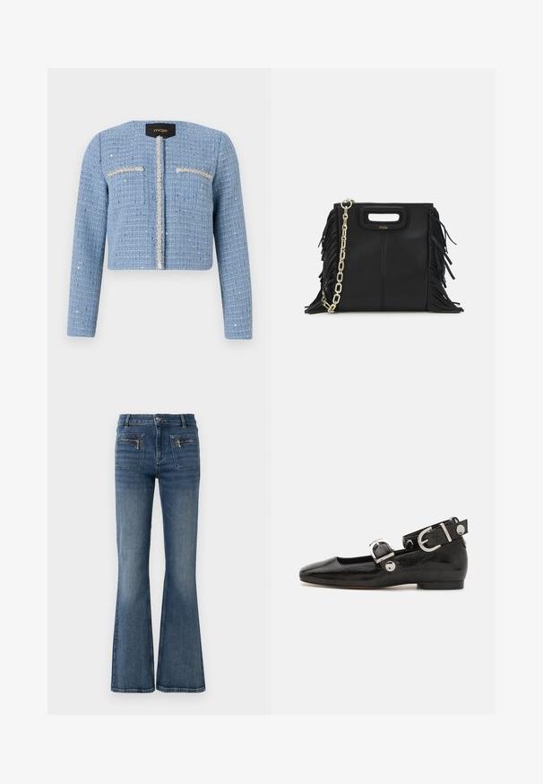 Beskarvet blå tweedjakke med lange ærmer, lynlåslukning foran, to brystlommer og udsmykket detaljer langs åbningen og lommerne.; Mørkeblå ribbet polo-shirt med spidse krave, korte ærmer og to forlommer med trykknapper; fremhævet med hvide søm detaljer.; Blå denim jeans med flare ben og en middelhøj talje, med for- og baglommer samt en subtil falmet vask.; Sorte patenteret lædersko med firkantet tå, ankelrem med sølvhardware og flad sål. Glat tekstur med minimalistisk design.; Sort læder skuldertaske med frynse-detaljer, guldkæde skulderrem og udskåret håndtag. Har logo placeret på forsiden.