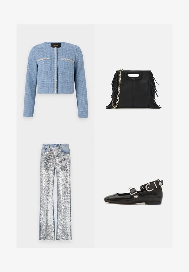 Krójowa niebieska marynarka z tweedu, z długimi rękawami, zapięciem na suwak z przodu, dwoma kieszeniami na piersi oraz ozdobnymi detalami wzdłuż otwarcia i kieszeni.; Granatowa polo z prążkowanej tkaniny, z kołnierzykiem w kształcie klapy, krótkimi rękawami i dwoma przednimi kieszeniami zapinanymi na napy; wyróżniająca się białymi przeszyciami.; Srebrne dżinsy z cekinami w stylu dzwonów, z denimsowym pasem i bokami, tworzące teksturowaną, refleksyjną powierzchnię.; Czarne lakierowane baleriny z kwadratowym noskiem, z paskiem na kostkę z metalowymi elementami w kolorze srebrnym oraz płaską podeszwą. Gładka textura i minimalistyczny design.; Czarna skórzana torebka na ramię z frędzlami, złotym łańcuszkiem oraz wyciętym uchwytem. Posiada umieszczone na przodzie logo.