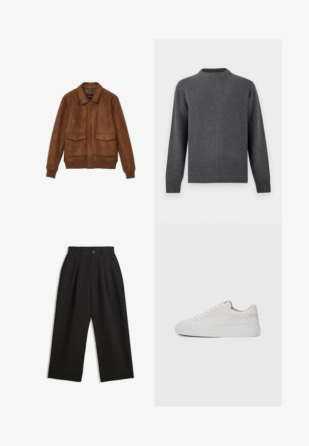 Giacca in suede marrone con colletto, due tasche frontali, polsini a costine e orlo a costine. Texture liscia e design semplice senza decorazioni.; Maglione grigio a maglia con collo rotondo, maniche lunghe e polsini e orlo a costine. Texture morbida con una finitura liscia. Design semplice e moderno.; Pantaloni neri con una vestibilità comoda, caratterizzati da pieghe frontali, tasche laterali e chiusura con bottone. Realizzati in tessuto testurizzato.; Sneakers bianchi in pelle, modello low-top, con punta rotonda, suola piatta in gomma bianca e dettagli di cucitura minimalista. Lacci fissati attraverso sei occhielli.