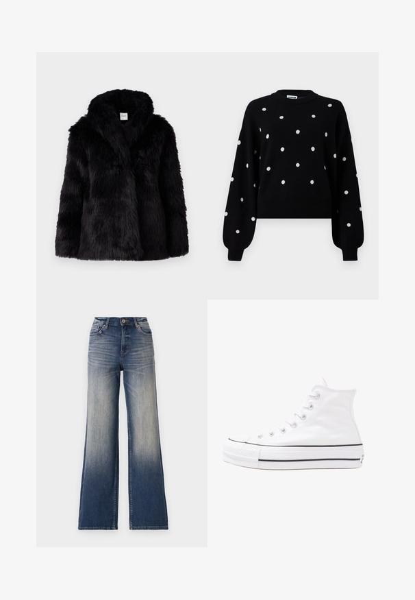Czarna kurtka z sztucznego futra o teksturowanym wykończeniu, z szerokim kołnierzem i otwartym przodem. Krój jest luźny, idealny do noszenia w warstwach.; Czarny sweter w białe kropki, okrągły dekolt i długie rękawy. Wykonany z miękkiego materiału z prążkowanymi mankietami i dołem.; Jeans o wysokim stanie, szerokie nogawki, w jasnym do ciemnego niebieskiego denimu z przetarciami, z zapięciem na guzik i szlufkami na pasek. Czysty dół i brak widocznych ozdób.; Białe wysokie trampki z płótna z czarną gumową podeszwą, przednim czubkiem z gumy i sześcioma dziurkami na sznurowadła, charakteryzujące się prostym, minimalistycznym designem.
