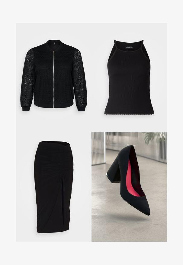 Veste bomber noire avec des détails en dentelle, fermeture éclair, poignets et ourlet côtelés, présentant des motifs intriqués sur les manches et le panneau avant.; Débardeur noir à côtes avec une bordure en dentelle festonnée à l'ourlet. Présente des bretelles fines et une coupe ajustée. Fabriqué en tissu extensible.; Jupe crayon noire froncée avec détail à nouer et fente latérale. Fabriquée à partir d'un tissu extensible, elle présente une texture lisse et une coupe ajustée.; Chaussure à talon noir avec un bout pointu, surface texturée et un intérieur rose vif. Dotée d'un talon épais avec un accent en argent.