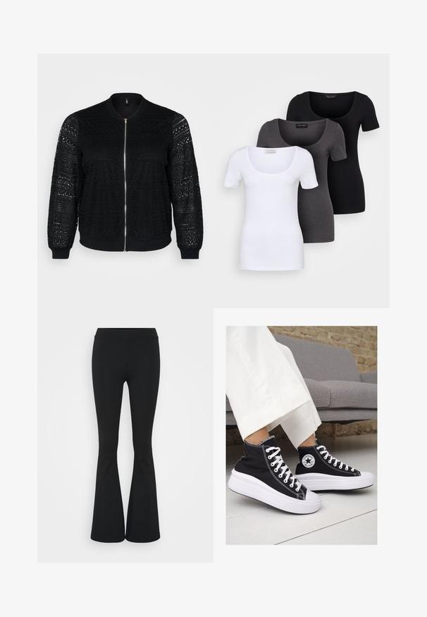 Black bomber jacket with lace detailing, zip closure, ribbed cuffs and hem, featuring intricate patterns on the sleeves and front panel.; Three fitted T-shirts in white, gray, and black. Each features a wide scoop neckline and short sleeves. Made from smooth, stretchy fabric.; Black flared pants made of stretchy fabric, featuring a high waistband and a smooth texture. The pants flare out from the knee.; Black canvas high-top sneakers with white rubber soles and laces. Features a circular logo on the side and contrasting white stitching.