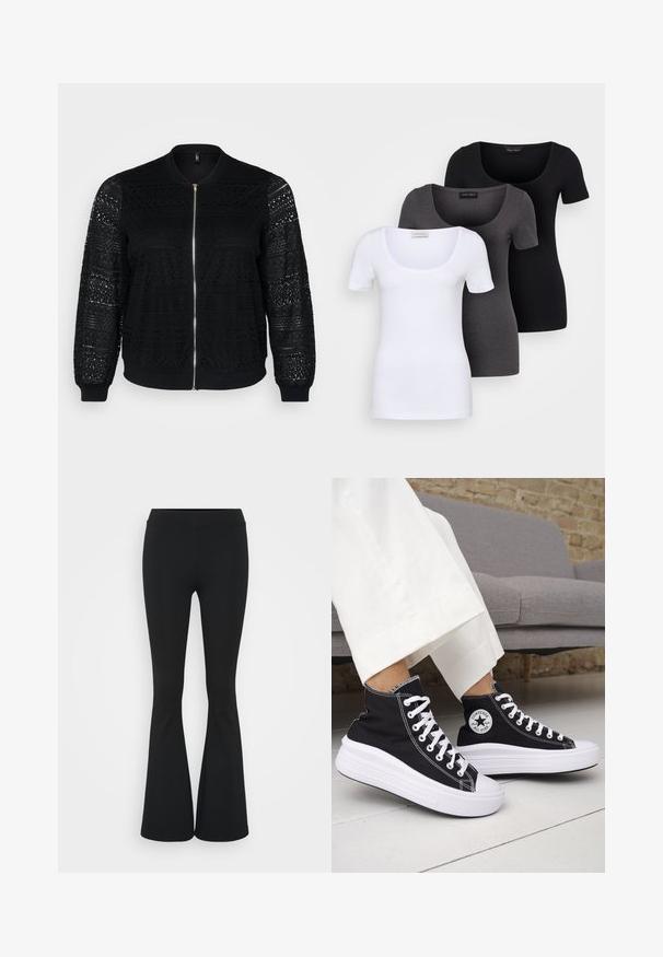 Giacca bomber nera con dettagli in pizzo, chiusura con zip, polsini e orlo a costine, con motivi intricati sulle maniche e sul pannello frontale.; Tre T-shirt aderenti in bianco, grigio e nero. Ognuna presenta un ampio scollo a barca e maniche corte. Realizzate in un tessuto morbido e elastico.; Pantaloni neri a zampa d'elefante realizzati in tessuto elasticizzato, con una vita alta e una superficie liscia. I pantaloni si allargano a partire dal ginocchio.; Sneakers nere alte con suole e lacci in gomma bianca. Presentano una toppa con logo rotondo e cuciture a contrasto bianche. Materiale in tela.