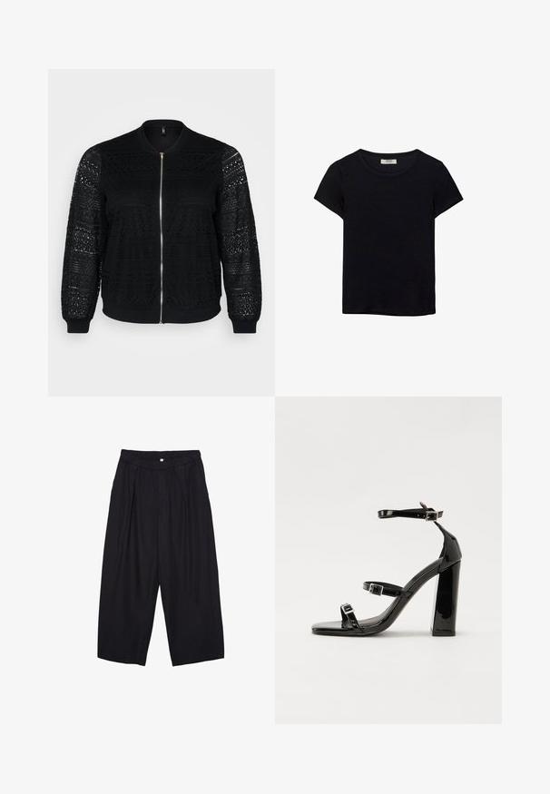 Schwarze Bomberjacke mit Spitzenverzierungen, Reißverschluss, gerippten Bündchen und Saum, mit intricaten Mustern auf den Ärmeln und der Vorderseite.; Schwarzes kurzärmeliges T-Shirt aus weichem Stoff. Mit klassischem Rundhalsausschnitt und lockerer Passform. Keine Muster oder Akzente sichtbar.; Schwarze Polyester-Culotte mit einem elastischen Bund, zwei vorderen Falten und einer lockeren Silhouette. Keine sichtbaren Muster oder Hardware-Details.; Schwarze patentierte Sandalen mit Absatz, quadratischer Spitze, Knöchelriemen und silbernen Schnallen. Mit einem stabilen Blockabsatz für mehr Stabilität.