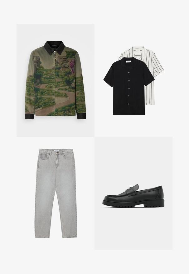 Scotch & Soda PHOTO PRINTED COACH JACKET - Let jakke / Sommerjakker - khaki; To korteærmede skjorter: en ensfarvet sort og en hvid med sorte lodrette striber. Begge har knaplukninger og en klassisk krave.; Lysegrå denimbukser med lige ben, fem lommer og knaplukning. Synlig syning langs sømmene.; Sorte læder loafers med rund tå, der har et syet design, lav platformssål og en struktureret, skridsikker gummisål.