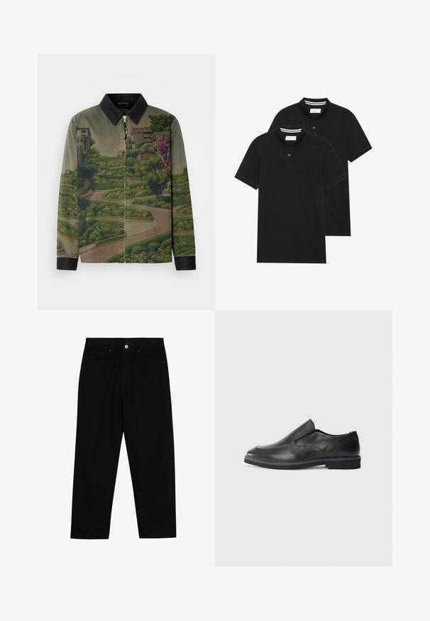 Scotch & Soda PHOTO PRINTED COACH JACKET - Veste légère - khaki; Deux polos noirs, à manches courtes, en coton, avec un col classique, une patte de boutonnage à deux boutons, et des accents rayés blancs à l'intérieur du col.; Pantalons en denim noir avec une coupe droite, un design à cinq poches et une fermeture à bouton à l'avant. Texture lisse avec des détails de couture minimaux.; Chaussure slip-on en cuir noir avec une tige lisse, des accents cousus, un bout arrondi et un petit talon en caoutchouc. La semelle présente un profil de traction minimal.