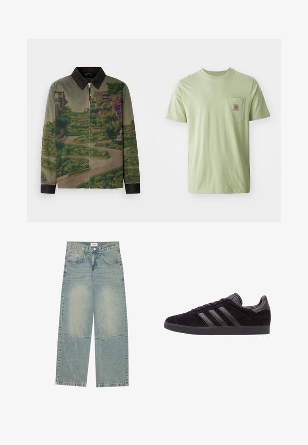 Scotch & Soda PHOTO PRINTED COACH JACKET - Let jakke / Sommerjakker - khaki; Lysegrøn kortærmet t-shirt lavet af blødt stof, med en brystlomme der har et firkantet logo-patch. Enkel, udekoreret design.; Lyseblå vidbenede jeans lavet af denim, med to forlommer, knaplukning og en falmet vask med synlige sømme.; Sorte ruskind sneakers med strukturerede gummisåler, der har tre sorte læderstriber, rund tå og polstret ankelkrave.