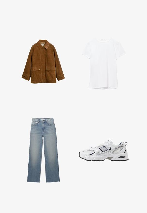 Bruine suède jas met een kraag, knopen aan de voorkant en twee grote zakken. Het heeft een iets gestructureerde afwerking en opgerolde manchetten.; Witte short-sleeve t-shirt van gladde stof, met een ronde halslijn en subtiele stiksels bij de zoom.; Lichtblauwe wijdleg jeans van denim, met een hoge taille, voorzakken en een knoopsluiting. Soepele textuur met vervaagde gebieden.; Witte sport schoen met mesh bovenkant, marineblauwe accenten en een gehoorzaamde zool. Bevat het "N" logo, veters en een gestructureerde detail aan de zijkant.