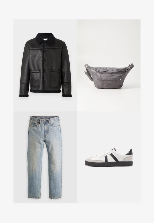 Čierna kožená bunda s golierom, štyrmi prednými gombíkmi, dvoma vreckami a štruktúrovaným ovčím kožuchom na manžetách a leme.; Béžový pulóver so štvrtinovým zipsom vyrobený z mäkkej pleteniny. Má rebrovaný golier a manžety, s voľným strihom a bezšvíkovým dizajnom.; Svetlomodré džínsy s vysokým pásom, predným gombíkom, zipsom a dizajnom s piatimi vreckami, rozložené na neutrálnom pozadí.; Biele tenisky s čiernymi a šedými akcentmi, s textúrovanou šedou špičkou, čiernou gumovou podrážkou a plochými bielymi šnúrkami. Čistý dizajn, minimalistický štýl.; Sivá semišová ľadvinka s okrúhlym tvarom, dvoma zipsovými priehradkami a nastaviteľným popruhom. Obsahuje kovové prvky.