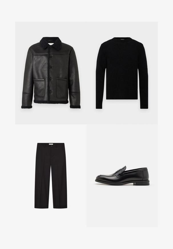 Juodas odinis švarkas su apykakle, keturiais priekiniais mygtukais, dviem kišenėmis ir tekstūruotomis avikailio detalėmis ant rankovių ir apatinės dalies.; Filippa K SWEATER - Džemperis - black; Balta, trumpomis rankovėmis, laisva T marškiniai, išskleisti ant šviesiai pilko fono.; Juodi plačios kelnės, pagamintos iš lygaus audinio. Įrengtas sagtys ir užtrauktukas, dvi priekinės kišenės ir aštrus kraštas.; Juodos odinės loafers, turinčios lygų paviršių, apvalią noselę ir dekoratyvinę juostą per priekinę dalį. Žemas krentantis kulnas, minimalistinis dizainas.