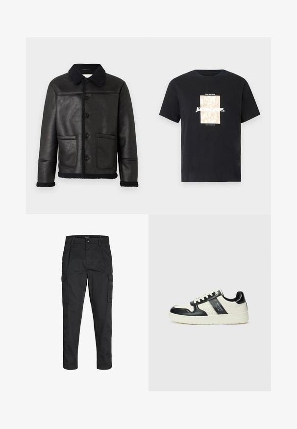 Chaqueta de cuero negro con cuello tipo solapa, cuatro botones frontales, dos bolsillos y un acabado de borreguito texturizado en los puños y el dobladillo.; Camiseta de algodón negra con cuello redondo. Presenta un gráfico rectangular beige y texto blanco, "JAWO," centrado en la parte delantera. Mangas cortas.; Pantalones cargo negros hechos de tela resistente, que cuentan con múltiples bolsillos, un cierre de botón y un diseño de corte slim con piernas ajustadas.; Zapatillas de cuero con un esquema de colores negro y crema, que cuentan con acentos perforados, un collar acolchado y una suela texturizada.