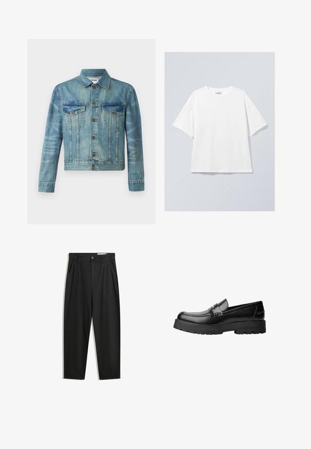 Jeansjacke, hellblau, mit Druckknopfverschluss, zwei Brusttaschen, klassischem Kragen, langen Ärmeln und leicht verkürztem Design.; Weißes Baumwoll-T-Shirt mit rundem Ausschnitt und kurzen Ärmeln. Entspannter Schnitt ohne sichtbare Muster oder Akzente. Glatte Textur.; Schwarze Baumwollhose mit lockerem Schnitt, ausgestattet mit einem klassischen Bund, vorderen Falten und Seiten taschen. Glatte Textur ohne Muster.; Schwarzer Lederloafer mit grobem, rutschfestem Sohlenprofil und dekorativem Riemen über der Oberseite, seitlich links auf weißem Hintergrund abgebildet.