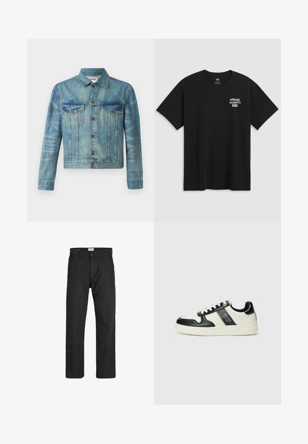Denim jacket, light blue, featuring button front, two chest pockets, classic collar, long sleeves, and slightly cropped design.; Black cotton t-shirt featuring a chest print that reads "HOUSE PLANTS" in white stylized font with "Levi's" below. Classic crew neckline.; Black pants made of durable fabric, featuring a straight-leg design, stitched accents, and two front pockets for functionality.; Leather sneakers with a black and cream color scheme, featuring perforated accents, a padded collar, and a textured outsole.