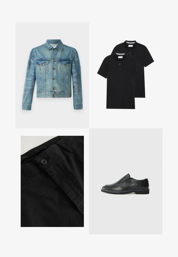 Jeansjacke, hellblau, mit Druckknopfverschluss, zwei Brusttaschen, klassischem Kragen, langen Ärmeln und leicht verkürztem Design.; Zwei schwarze Polohemden, kurzärmlig, aus Baumwolle, mit einem klassischen Kragen, zwei Knöpfen und weißen Streifenakzenten im Inneren des Kragens.; Schwarze Baumwollhose mit glatter Textur, Knopfverschluss, Gürtelschlaufen und einem Taillenbund. Draufsicht, die den Stoff hervorhebt.; Schwarze Leder-Slipper mit glattem Obermaterial, gesteppten Akzenten, runder Zehenpartie und niedrigem Gummiabsatz. Die Sohle hat ein minimales Profil.