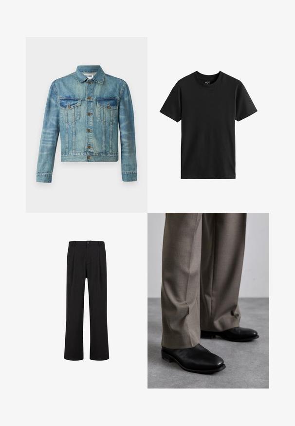 Denim jacket, helesinine, nupud ees, kaks rinna taskut, klassikaline krae, pikad varrukad ja veidi lühendatud disain.; Must have muströiga lühikeste varrukatega ümardatud kaelusega T-särk, mis on valmistatud puuvillast. Sile tekstuur ja sirge lõige, lihtne disain ilma nähtavate mustrite või aktsentideta.; Mustad püksid, sirge lõikega, lamedate eest ja volditega. Valmistatud siledast kangast, nööbiga kinni ja vöökoolidega.; Mustad nahast kingad terava varbaga, millel on hallid, kohandatud püksid. Kingadel on madal konts ja sile tekstuur.