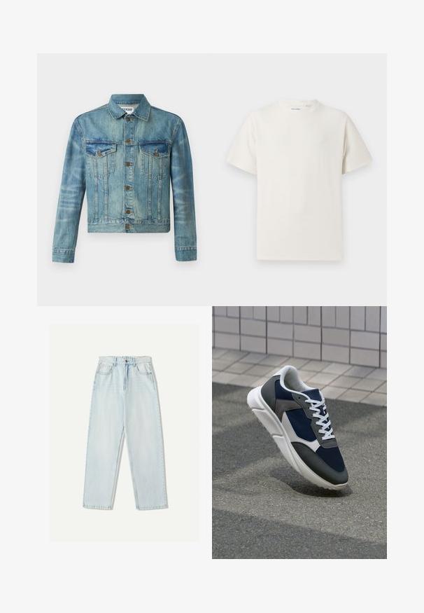 Denim jacket, light blue, featuring button front, two chest pockets, classic collar, long sleeves, and slightly cropped design.; White short-sleeve T-shirt in a ribbed texture. Round neckline, relaxed fit, no visible patterns or accents. Simple and versatile design.; Light blue denim jeans with a relaxed fit, straight leg design, five-pocket styling, and subtle fading on the fabric.; Sneaker featuring a navy blue mesh upper, gray suede accents, white rubber sole, and flat white laces, designed for comfort and breathability.