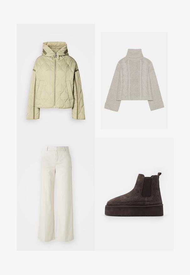 Gepolsterte, hellgrüne Jacke mit Kapuze, Reißverschluss vorne, zwei Seitentaschen und kontrastierenden Stoffakzenten entlang der Ärmel.; Gekürzter, hellgrauer Strickpullover mit hohem Kragen und gerippten Bündchen, ausgestattet mit strukturierten Zopfmustern entlang des Rückens und der Seiten.; Weite Hosen in einem hellbeigen Farbton, aus einem glatten Stoff gefertigt. Mit einem klassischen Bund und flachem Vorderteil, das klare Linien zeigt.; Braune Wildleder Chelsea-Stiefel mit elastischen Seitenpaneelen und einer dicken, strukturierten Plattformsohle. Mit einem Ziehband an der Ferse für ein einfaches An- und Ausziehen.