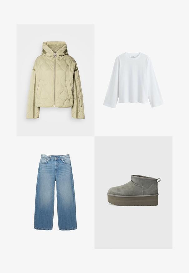 Giacca trapuntata di un verde chiaro con cappuccio, chiusura con zip sul davanti, due tasche laterali e dettagli in tessuto a contrasto lungo le maniche.; T-shirt bianco a maniche lunghe realizzato in morbido cotone, con scollo rotondo e design a spalla abbassata, dalla vestibilità comoda e senza motivi visibili.; Jeans a gamba larga di un blu chiaro in denim, con un classico design a cinque tasche e chiusura con bottone. Texture scolorita in tutta la superficie.; Stivaletti alla caviglia in suede grigio con punta rotonda, taglio basso e suola platform spessa. Presentano una linguetta sul tallone e dettagli cuciti.