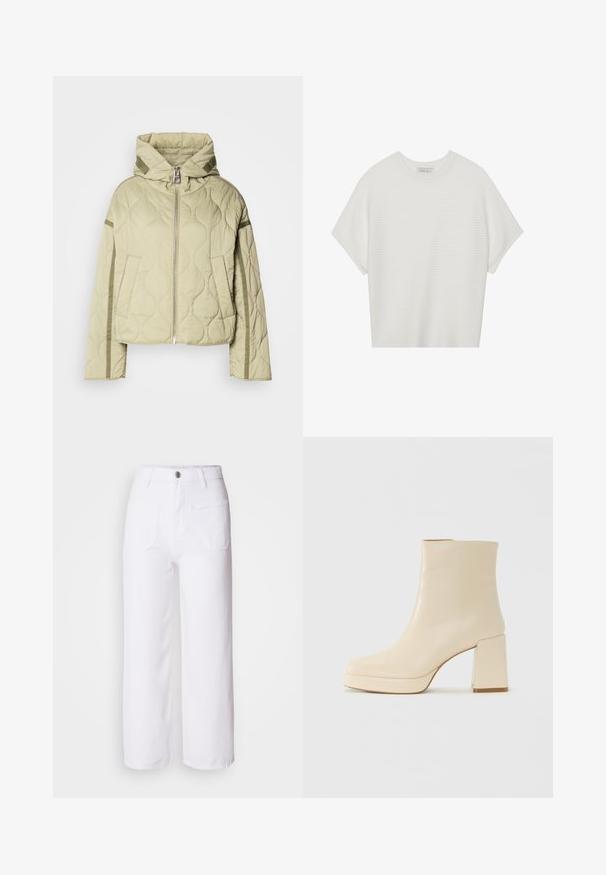 Steppelt, világoszöld dzseki kapucnival, elöl cipzáras záródással, két oldalsó zsebbel és kontrasztos szövet díszítésekkel az ujjak mentén.; Fehér, rövid ujjú póló széles kerek nyakkivágással és textúrázott, bordás mintával, puha anyagból készült, laza fazonú és letisztult dizájnú.; Fehér farmer széles szárú nadrág gombos záródással, övbújtatókkal, két elülső zsebbel és egy hátsó zsebbel. Tartós és texturált anyag.; Beige bőr bokacsizma bársonyos felülettel, tömbsarokkal és platform talppal, enyhén szögletes orral, balra nézve, fehér háttér előtt.