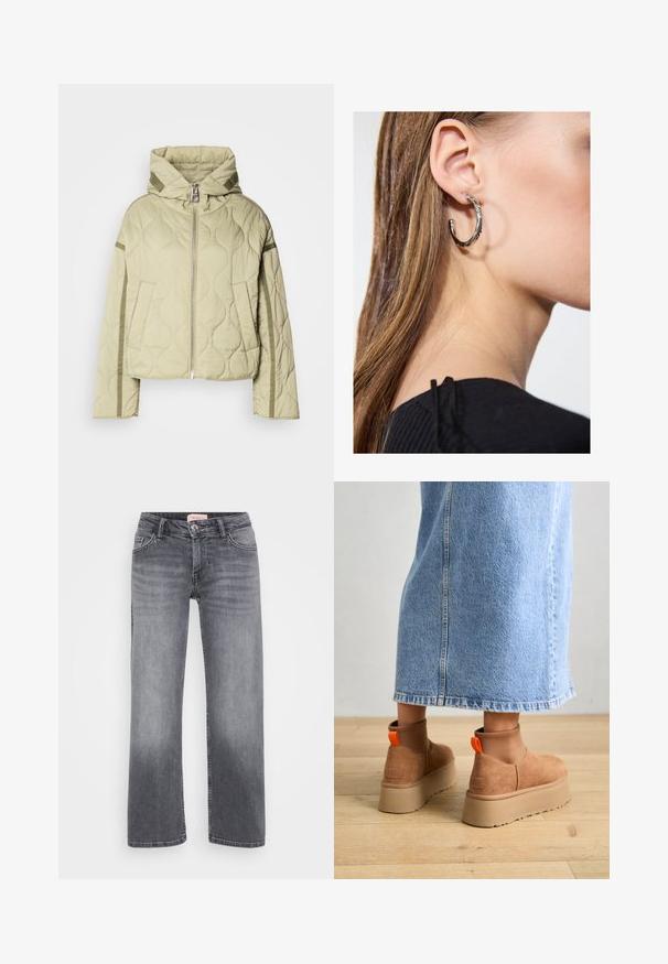 Giacca trapuntata di un verde chiaro con cappuccio, chiusura con zip sul davanti, due tasche laterali e dettagli in tessuto a contrasto lungo le maniche.; Even&Odd Petite 2 PACK - Top - light grey/black; Jeans in denim grigio con design a gamba dritta, stile a cinque tasche, leggera sbiaditura e chiusura con bottone in vita.; Stivali platform in suede marrone con pannelli laterali elastici e linguette arancioni, abbinati a una gonna di jeans chiara, lunga fino al ginocchio, su un pavimento di legno.; Orecchino a cerchio in argento con finitura lucida, caratterizzato da piccoli dettagli in oro e una forma tondeggiante, indossato sul lobo.