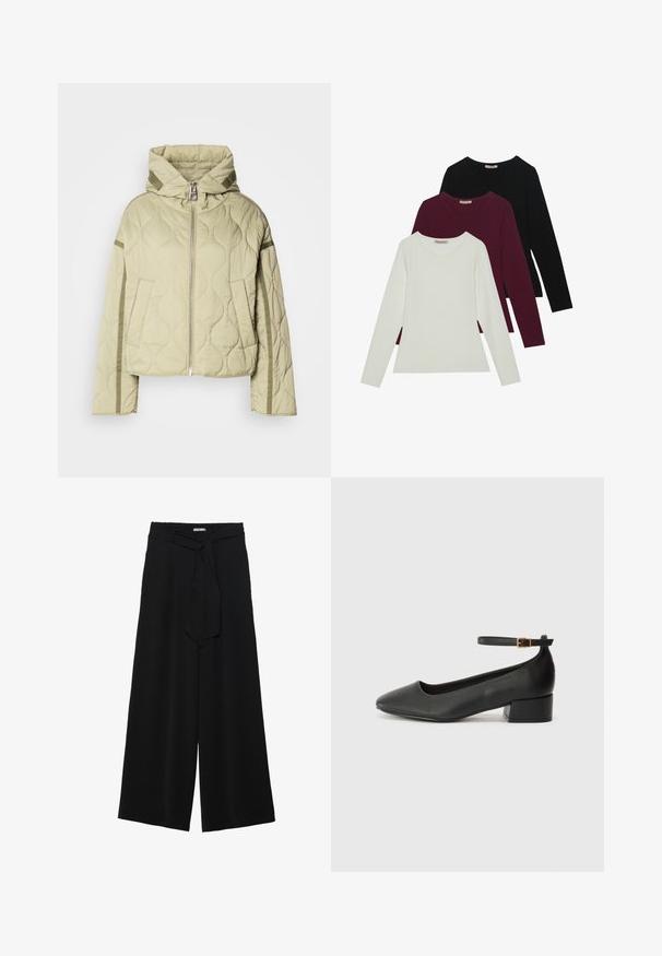 Jachetă matlasată, de culoare verde deschis, cu glugă, închidere cu fermoar pe față, două buzunare laterale și accesorii din țesătură contrastantă pe mâneci.; Tricouri cu mânecă lungă în alb, burgundy și negru. Realizate dintr-un material moale, cu un guler rotund și un design ajustat. Potrivite pentru straturi.; Pantaloni largi negri dintr-un material texturat, cu un tiv elastic și o panglică detașabilă la talie pentru un fit ajustabil.; Pantof cu toc negru din piele, cu vârf ascuțit și toc mic pătrat. Dispune de o curea la gleznă cu o cataramă în tonuri de aur. Textură netedă.