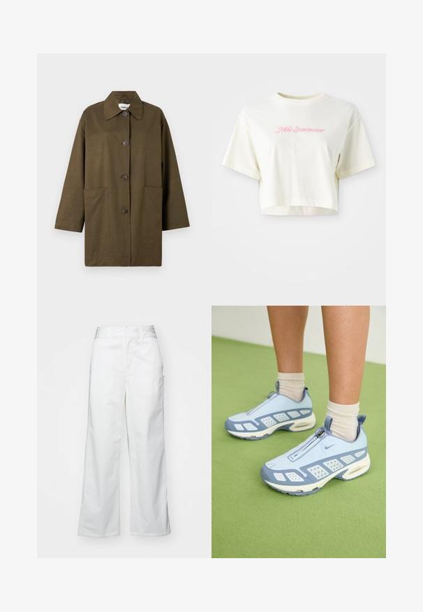 Olīvu zaļš žakets ar apkakles kakla izgriezumu, pogu priekšpusi, divām lielām priekšējām kabatām un garām piedurknēm. Izgatavots no gludas auduma.; Izgriezta, krēmkrāsas T-kreklu, kas izgatavots no kokvilnas. Piedāvā rozā izšūtu logotipu ar uzrakstu "Nike Sportwear". Īsas piedurknes un apaļa izgriezuma kakla vieta.; Balti platie kājas bikses no kokvilnas, ar gludu tekstūru, taisnu piegriezumu, priekšējām kabatām un tīru apakšmalu.; Gaiši zili sporta apavi ar baltajiem akcentiem, teksturētām paneļiem un ar rāvējslēdzēja aizdari. Raksturīga redzama gaisa amortizācijas zole un gumijas zole.