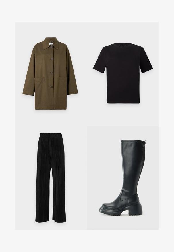 Olivovo zelená bunda s golierom, zapínaním na gombíky, dvomi veľkými prednými vreckami a dlhými rukávmi. Vyrobená z hladkej tkaniny.; Čierne tričko s krátkym rukávom a okrúhlym výstrihom, vyrobené z mäkkej bavlny. Jednoduchý dizajn, bez viditeľných log alebo vzorov.; Čierne plisované nohavice s elastickým pásom. Majú široké nohavice a hladkú, textúrovanú látku s vertikálnymi pruhmi.; Vysoká čierna kožená čižma s masívnou platformou a blokovým podpätkom, s praktickým pútkom a textúrovaným vzorom na podošve.