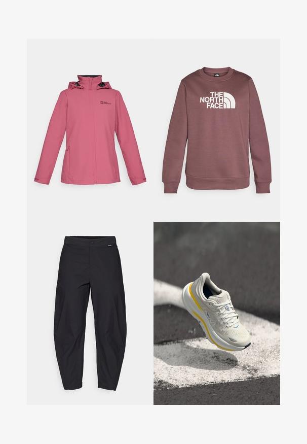 Veste imperméable rose avec un col haut, capuche adjustable et poches latérales zippées. Présente un logo sur la poitrine et des poignets élastiques.; The North Face DREW PEAK CREW - Sweatshirt - tawny quartz/high rise grey; Pantalons noirs amples avec une fermeture à bouton et des poches latérales, présentés sur fond blanc.; Baskets de course gris clair avec des accents jaunes ; dessus en mesh, semelle rembourrée et détails bleus subtils. Logo de marque distinctif sur le côté.