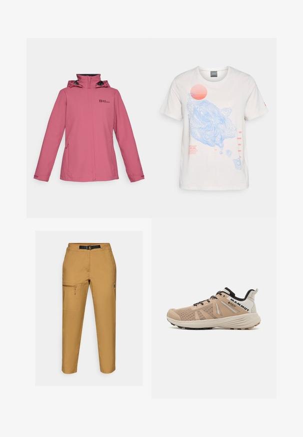 Veste imperméable rose avec un col haut, capuche adjustable et poches latérales zippées. Présente un logo sur la poitrine et des poignets élastiques.; T-shirt en coton blanc avec des designs de lignes de contour bleues et un graphique de soleil rouge, accompagné de détails en texte rouge sur le devant. Manches courtes, col rond.; Pantalons khaki à coupe slim, fabriqués en tissu durable. Ils disposent d'une poche latérale zippée, d'une ceinture ajustable et d'un logo subtil sur la jambe.; Chaussures de randonnée pour hommes avec une tige en mesh beige, un capuchon renforcé à l'avant, des accents noirs et une semelle robuste pour une traction optimale.