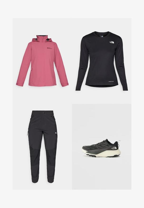 Veste imperméable rose avec un col haut, capuche adjustable et poches latérales zippées. Présente un logo sur la poitrine et des poignets élastiques.; The North Face SHADOW LONG SLEEVE - T-shirt à manches longues - black; Pantalons noirs d'extérieur en tissu durable. Dotés de poches zippées, de panneaux de genoux renforcés et d'une coupe droite pour une meilleure mobilité.; Chaussure de sport noire avec une tige texturée, dotée d'accents gris et d'une semelle intermédiaire blanche. Comprend une languette et un logo de marque bien visible à l'arrière.