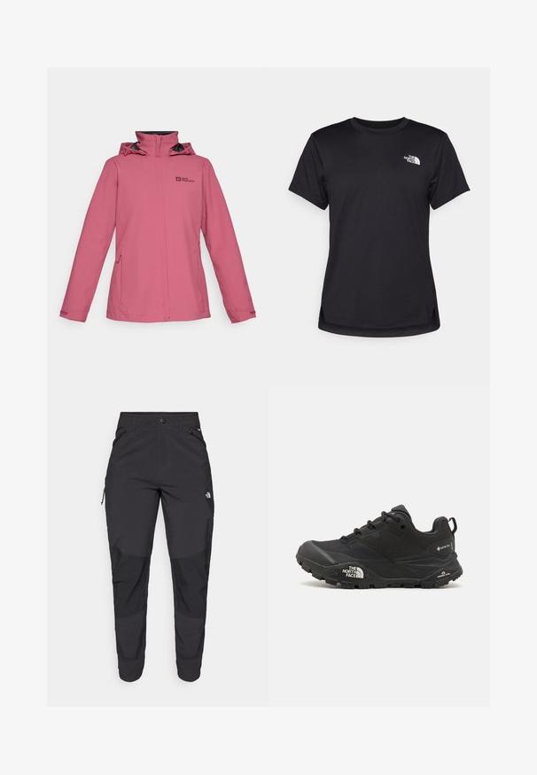 Jachetă impermeabilă roz, cu guler înalt, glugă ajustabilă și buzunare laterale cu fermoar. Are logo pe piept și manșete elastice.; The North Face FLEX SHORT SLEEVES TEE - Bluză sport - black; Pantaloni de exterior negri, dintr-un material rezistent. Prezintă buzunare cu fermoar, panouri întărite pentru genunchi și un design drept pentru mobilitate.; Shoe de drumeții de culoare neagră cu un suprafață texturată, închidere cu șire, și o talpă din cauciuc masivă, având un logo proeminent pe lateral și modele de bandă.