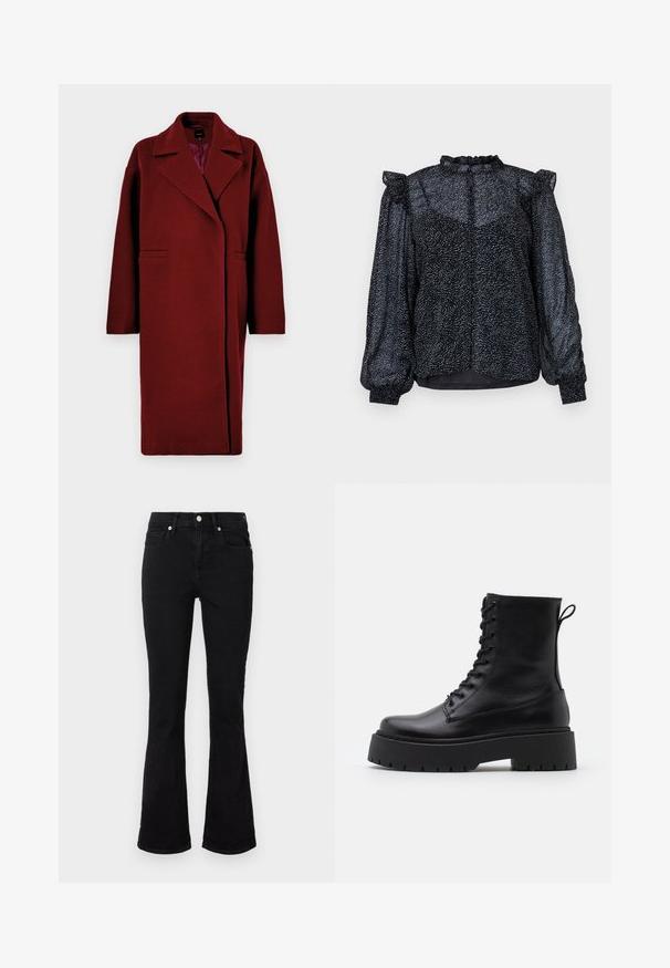 Burgundy villane sulg on nurgalape, pikad varrukad, kaks esikotti ja laia lõikega, millel on ühtlane värv ja sile tekstuur.; Mustalt pluusilt, millel on täpiline muster, läbipaistev materjal, puhv-särgid ja volangiga kaelus, mille tagaosa on nööpidega kinnitatud.; Mustad flared teksasaapad, millel on keskmise tõusuga vöökoht, eesmine taskud ja nupplikuga kinnistus. Sile tekstuur minimaalse õmbluste detailidega.; Mustad mustad nahast pahkluu saapad ümarate varvastega, nööridega esiosas ja paksu kummist talla ning tekstuuritud mustriga. Tagumine tõmbeaas.