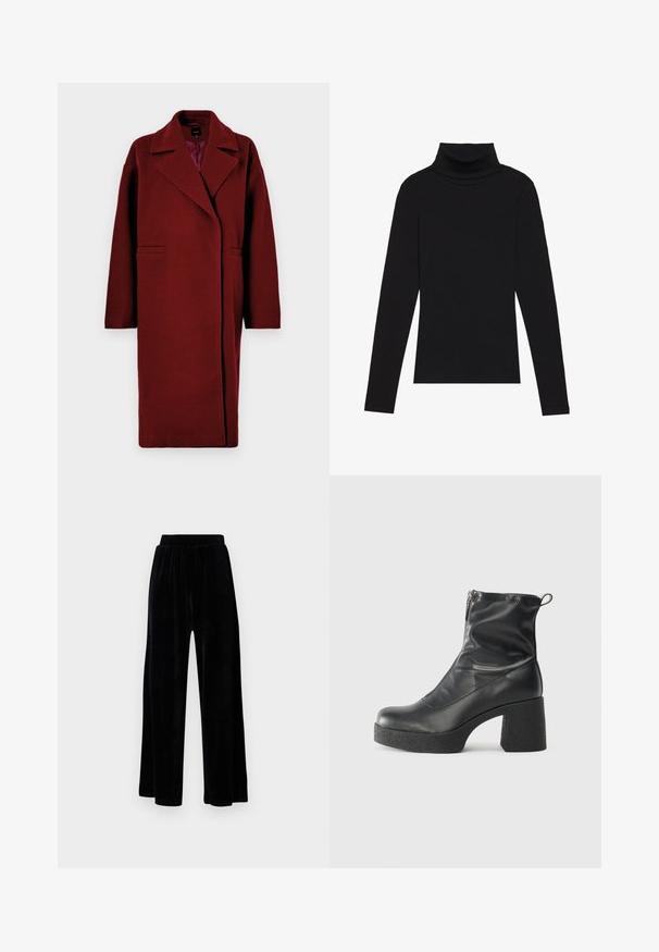 Burgunderfarget ullfrakk med krage, lange ermer, to frontlommer og en avslappet passform, med en ensfarget og jevn tekstur.; Svart høyhalset langermet topp, laget av ribbestrikket stoff, har en tettsittende design med høy hals og uten mønstre eller dekorasjoner.; Sorte vide bukser laget av myk vernet, med elastisk midjebånd og en jevn tekstur, uten synlige detaljer eller mønstre.; Svarte ankelstøvler laget av glatt lær, med glidelås på siden, chunky strukturert hæl, og rund tå-design.